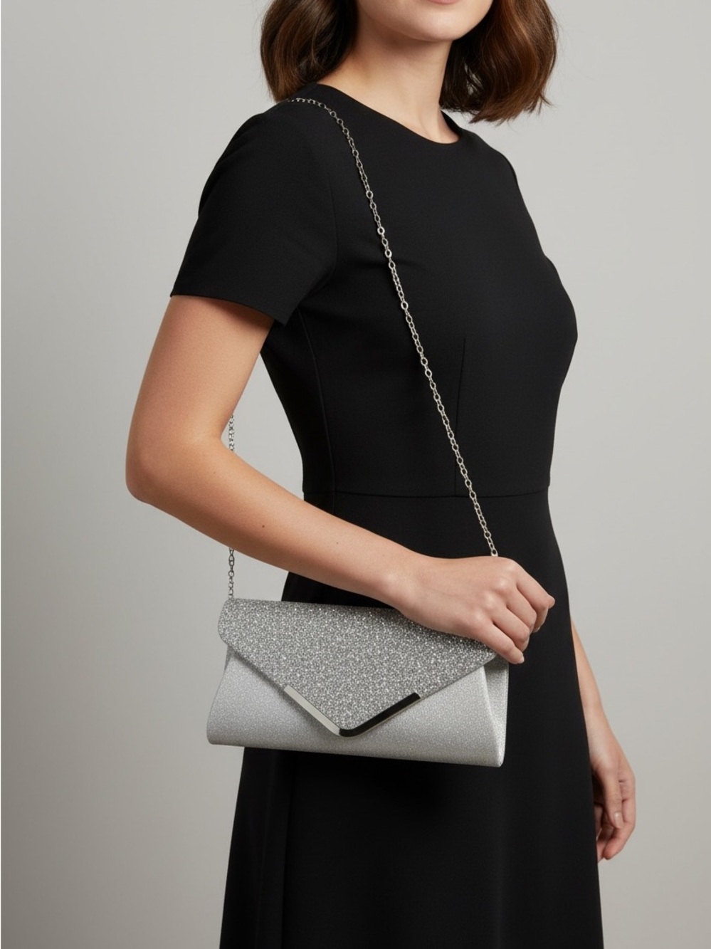 Silver Glitter Envelope Clutch with Chain Strap